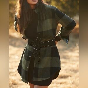 Steve Madden Plaid Longline Shacket Jacket - Olive & Black